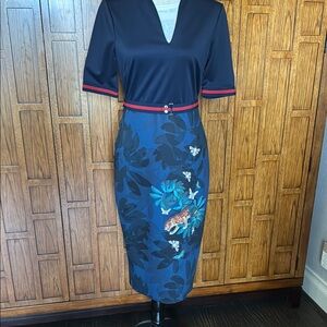 Ted Baker Blue Midi Dress with V-Neck and Cuffed Sleeves
